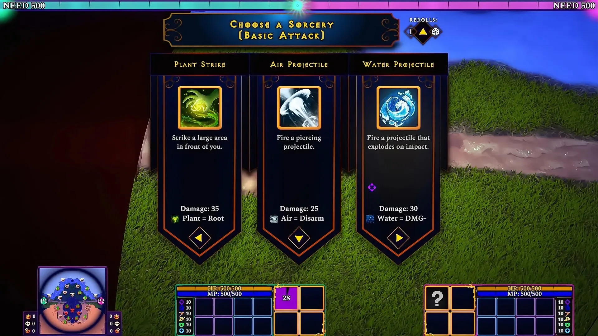 Two local players selecting starting attacks in Sorcery Mastery