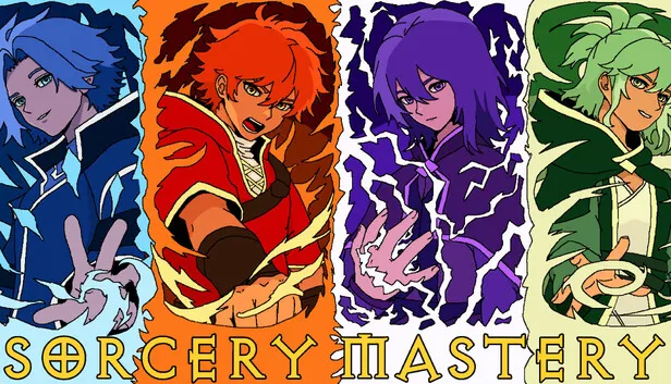 Official Sorcery Mastery artwork with four elemental mages and the game title