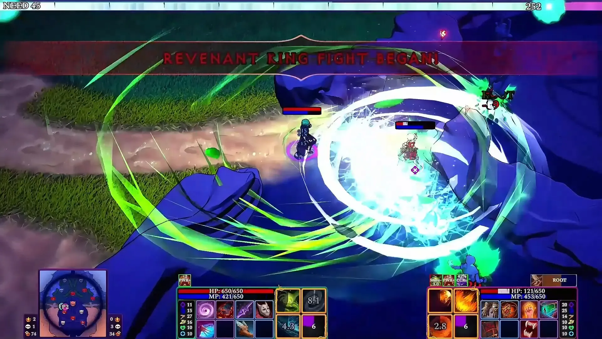 Mages fighting a Revenant King boss amid swirling green and ice spells