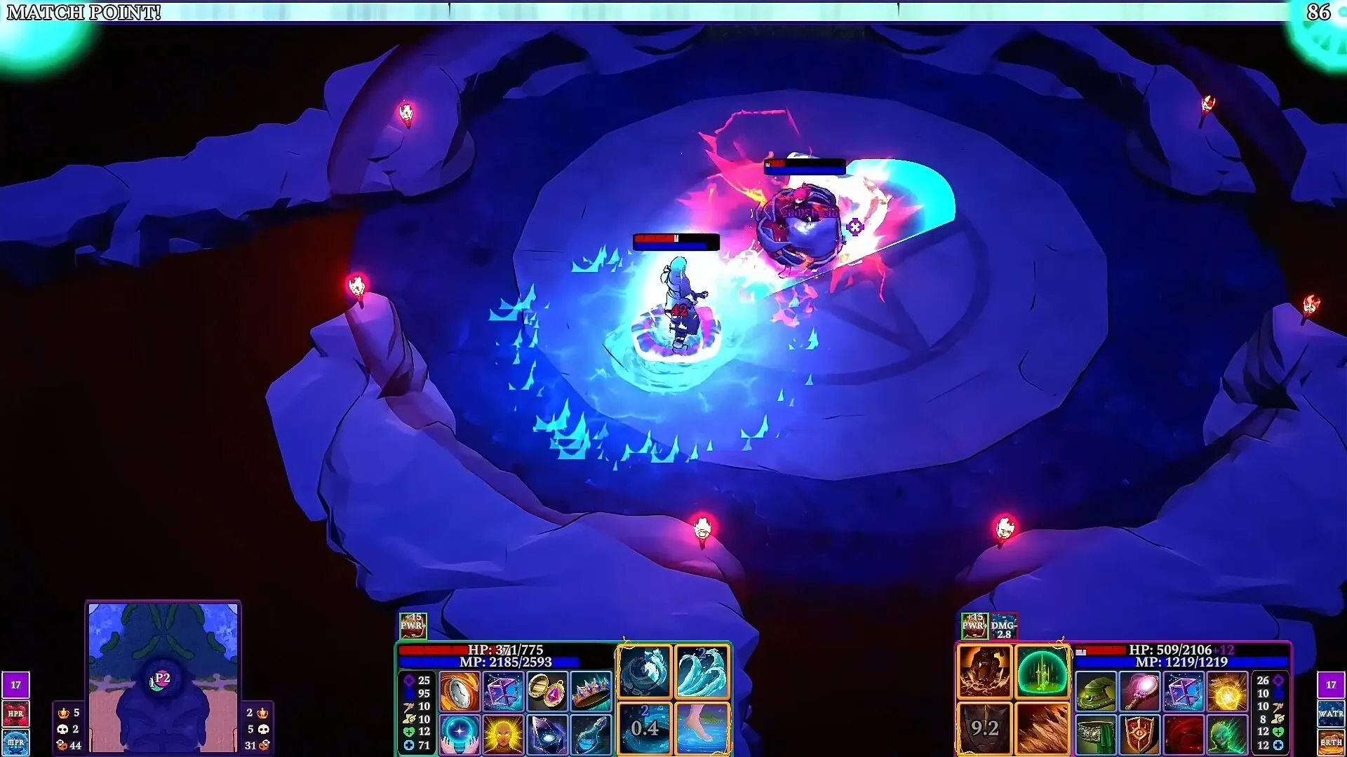 Two mages exchanging ice and fire spells in a small circular arena at match point