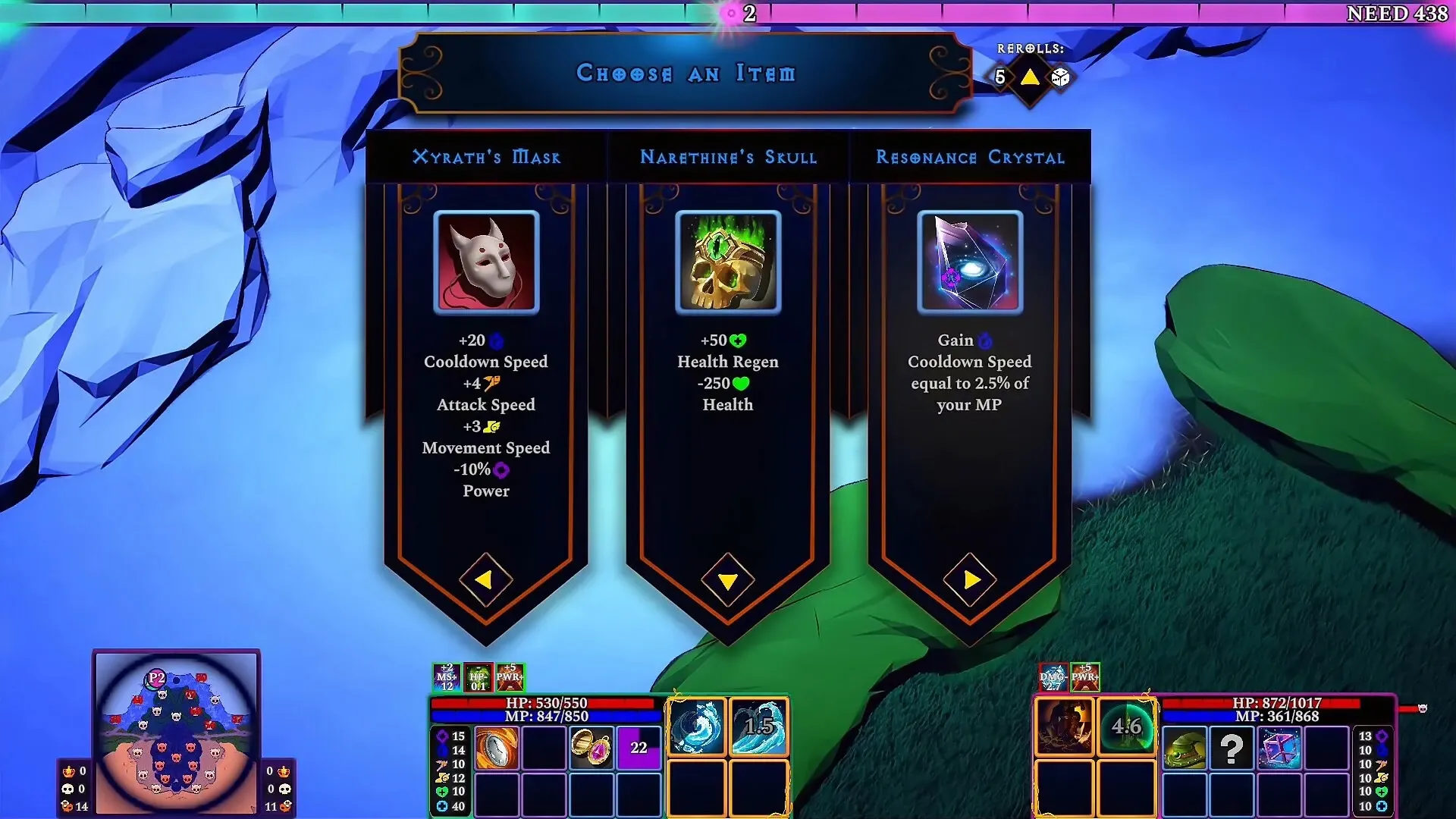An item draft offering Xyrath’s Mask, Narethine’s Skull and Resonance Crystal