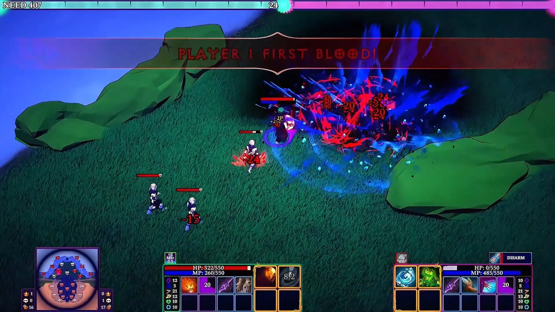 A first-blood announcement above mages and monsters in a grassy camp