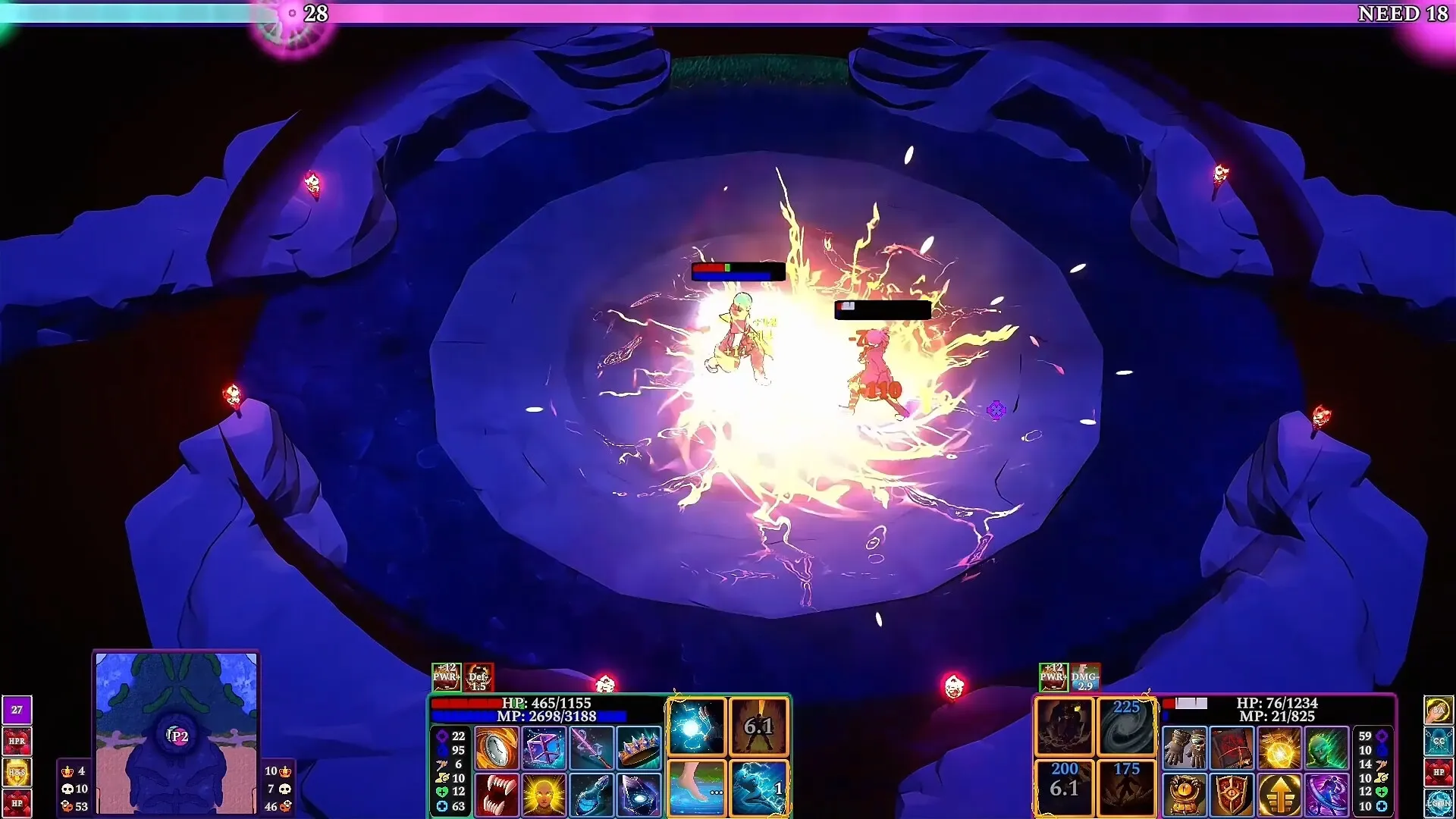 Two mages colliding bright lightning spells in the final circular arena